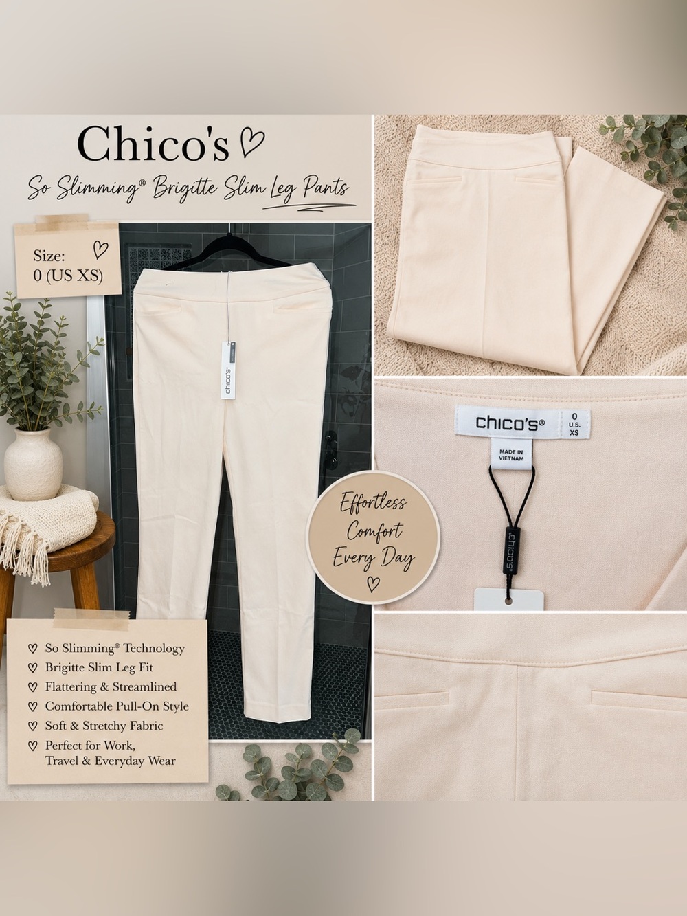 NWT Chico’s So Slimming Brigitte Slim Leg Pants Ivory Cream Size 0R US 4